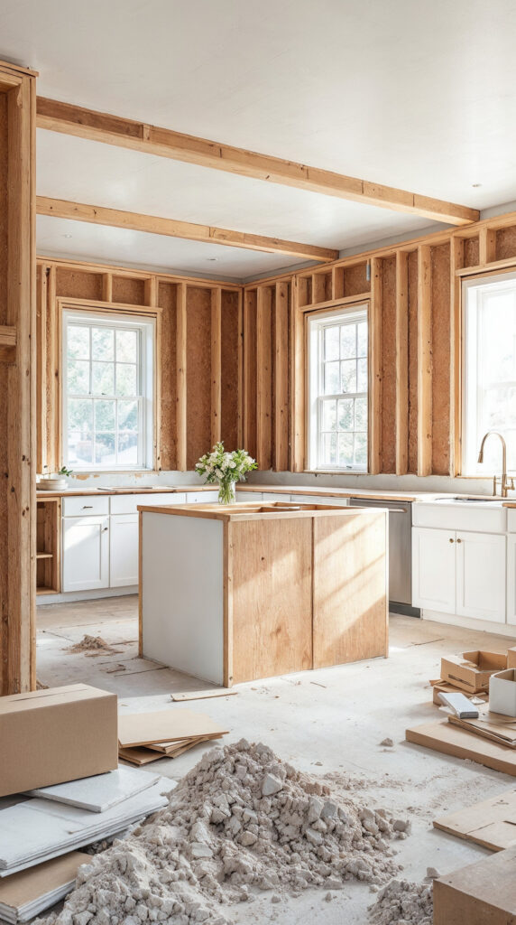 kitchen renovation with exposed framing and new cabinets ready